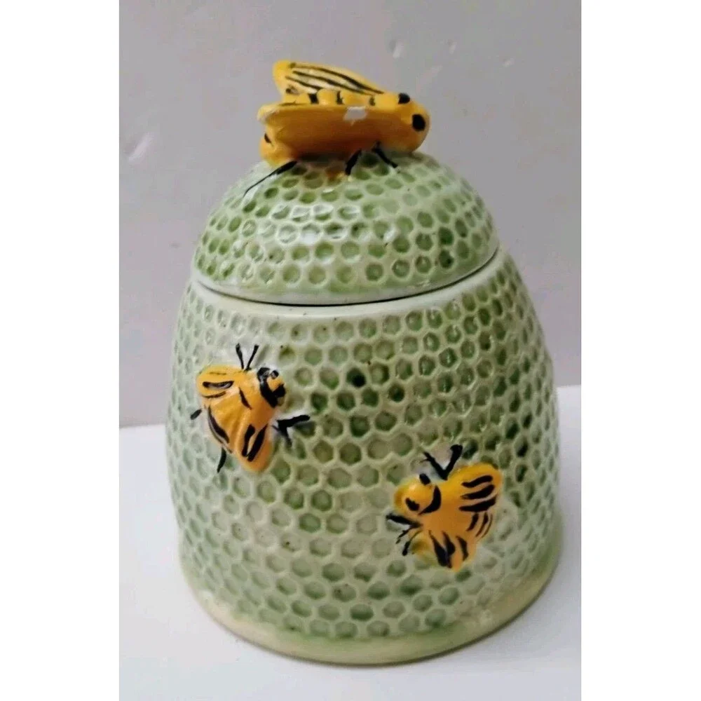 Vintage Arnel's Ceramic Beehive Honey Pot Green Honeycomb Jar 3D Bees 4.5